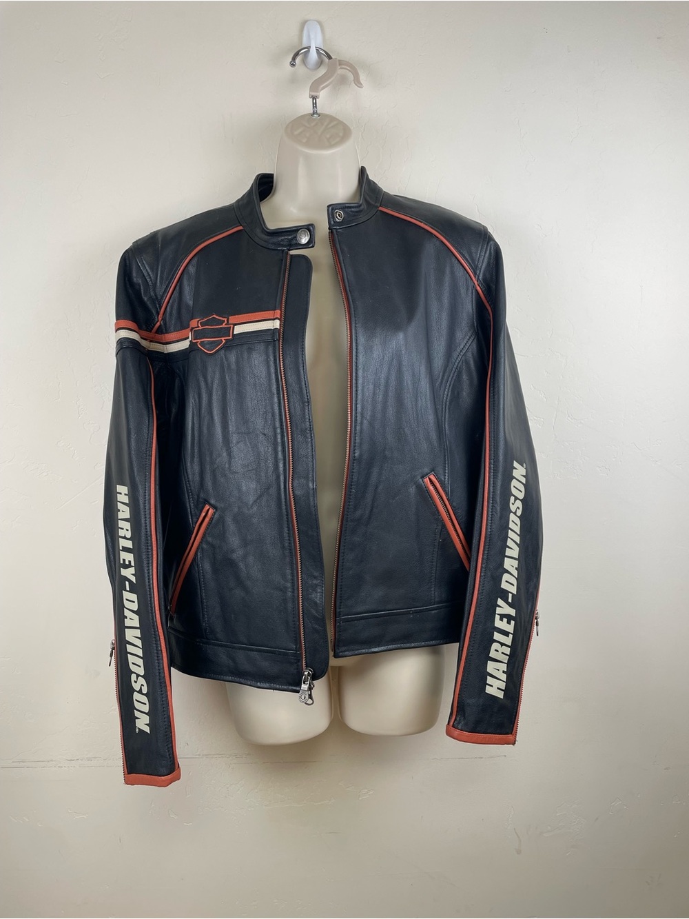 Harley-Davidson Black Leather Jacket with Orange Accents and Sleeve Logos